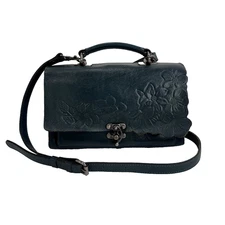 Patricia Nash Charonne Teal Blue Leather Floral Embossed Crossbody Purse