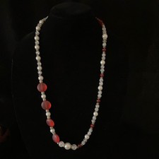 Pearl, Red Sea glass, crackle glass necklace