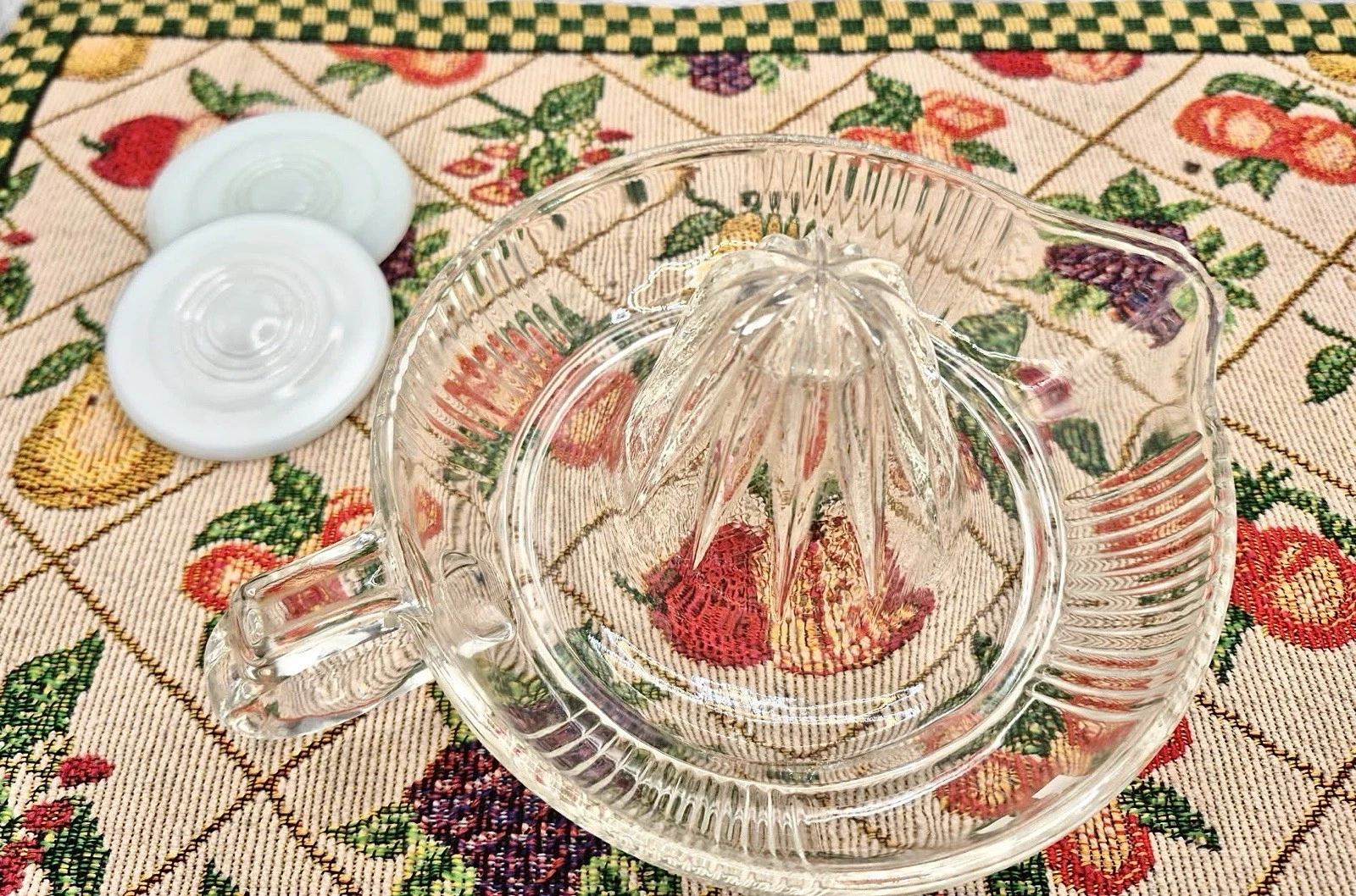 Vintage Big Glass Citrus Juicer Clear Ribbed Reamer + 3 Milk Glass Canning Lids