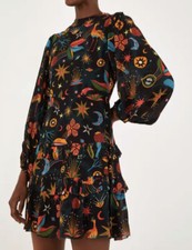 Farm Rio Cerrado Sky Floral Printed Ruffle Black Mini Dress Women’s Size XS NWT
