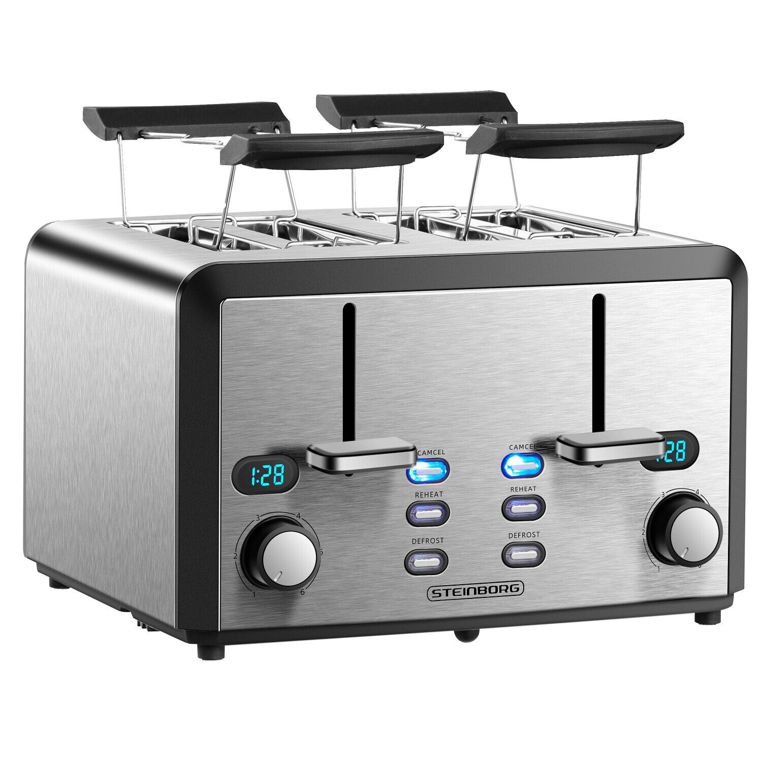 XXL Edelstahl Toaster 4 Scheiben Toaster mit Brötchenaufsatz 2x Krümelschublade