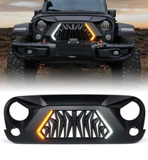 Angry Grill W Amber Turn Signal Lights Smoke For 07-18 Jeep Wrangler Jk Rubicon