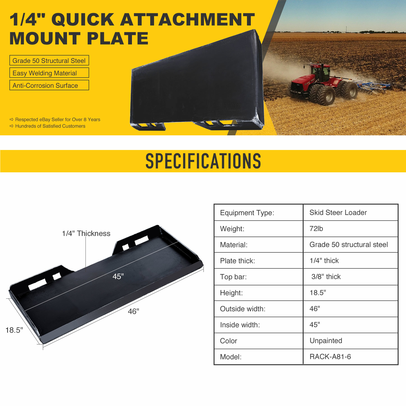 PREENEX 1/4" Quick Attach Mount Plate Attachment for Tractor Skid Steer
