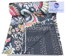 Art Kantha Single Quilt Handmade Floral Reversible Blanket Cotton Bohemian Throw