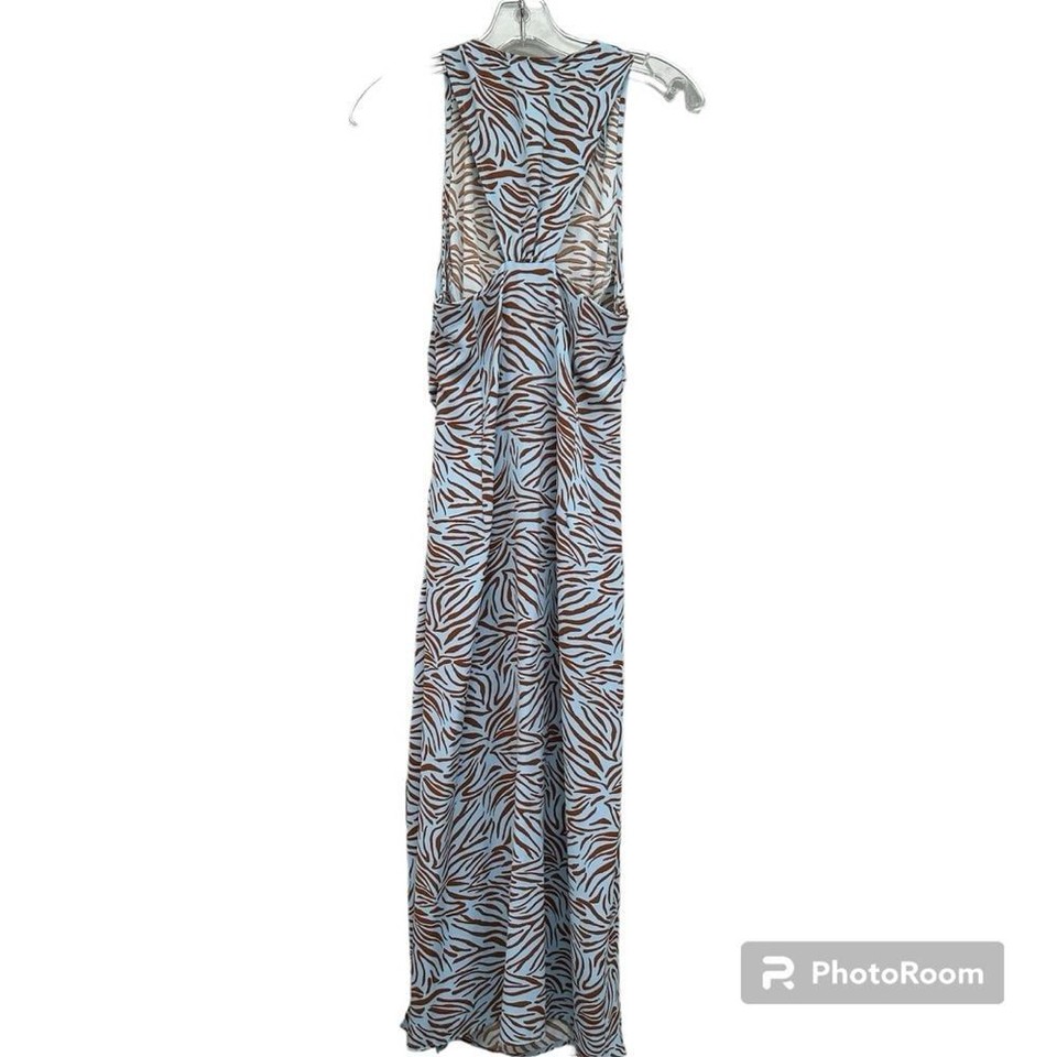 Zara Zebra Print Blue & Brown Polyester VNeck Front Slit Midi Dress