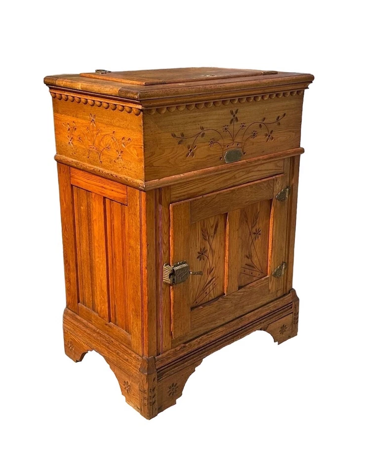 COFRE DE HIELO TALLADO FLORAL ROBLE VICTORIANO CON FORRO DE ZINC Y HERRAJES PARA CABEZA DE FÉNIX Foto 4 de 4