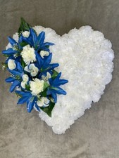 BLUE & WHITE ARTIFICIAL SILK FUNERAL HEART TRIBUTE WREATH MEMORIAL FLOWERS