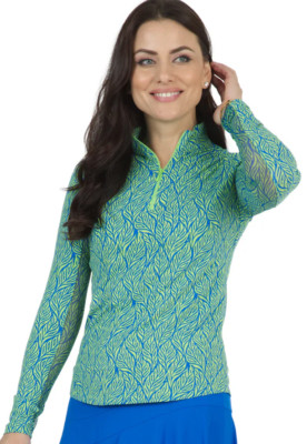 NWT Ladies IBKUL SALLY BLUE LIME Long Sleeve Mock Golf Shirt - XXL
