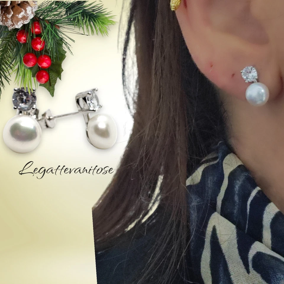 Orecchini donna  Perla E Zircone Taglio Brillante In Argento 925. placcato oro - Immagine 2 di 4