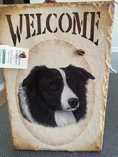 Hand Painted  Welcome  Border Collie Puppy Dog Plaque Wall Door Hanging NEW