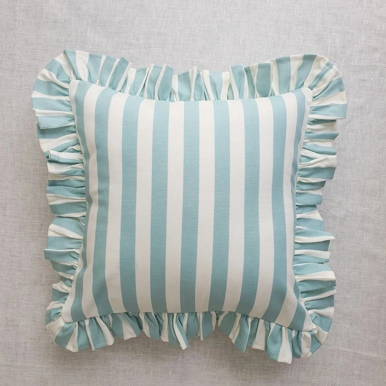Indian Handmade Ruffled Green Stripe Print Fabric Home Décor frill Cushion Cover
