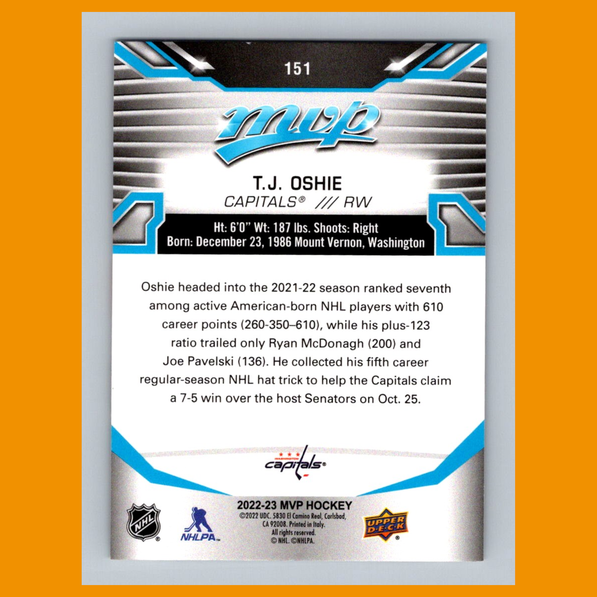 T.J. Oshie #151 2022 Upper Deck MVP Washington Capitals Hockey