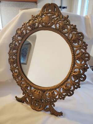 Vintage IRON ART Cast Iron Ornate Dresser Framed Mirror w/Folding Stand 14''