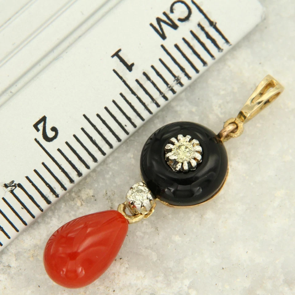 Pendentif en OR Jaune 14 Carats k CORAIL Rouge DIAMANT et ONYX Pierre Naturelle - Photo 4/4