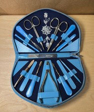 Vintage German Leather 13 Piece Manicure Travel Set MCM Blue Floral Motif