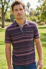 White Stuff Rugby Polo Shirt Navy/Red Striped Short Sleeves Soft Cotton Size M