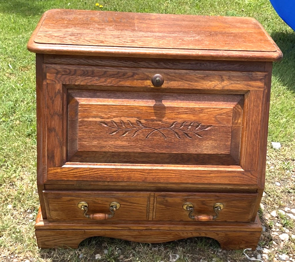 Vtg oak Wood Bread Box Farmhouse chest cabinet nightstand storage drawer lid