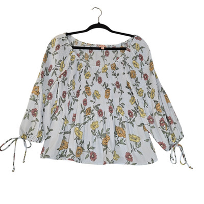 Rabbit Rose Womens Medium Blouse Floral Pleats Tie Sleeves Flowy Boho Peasant