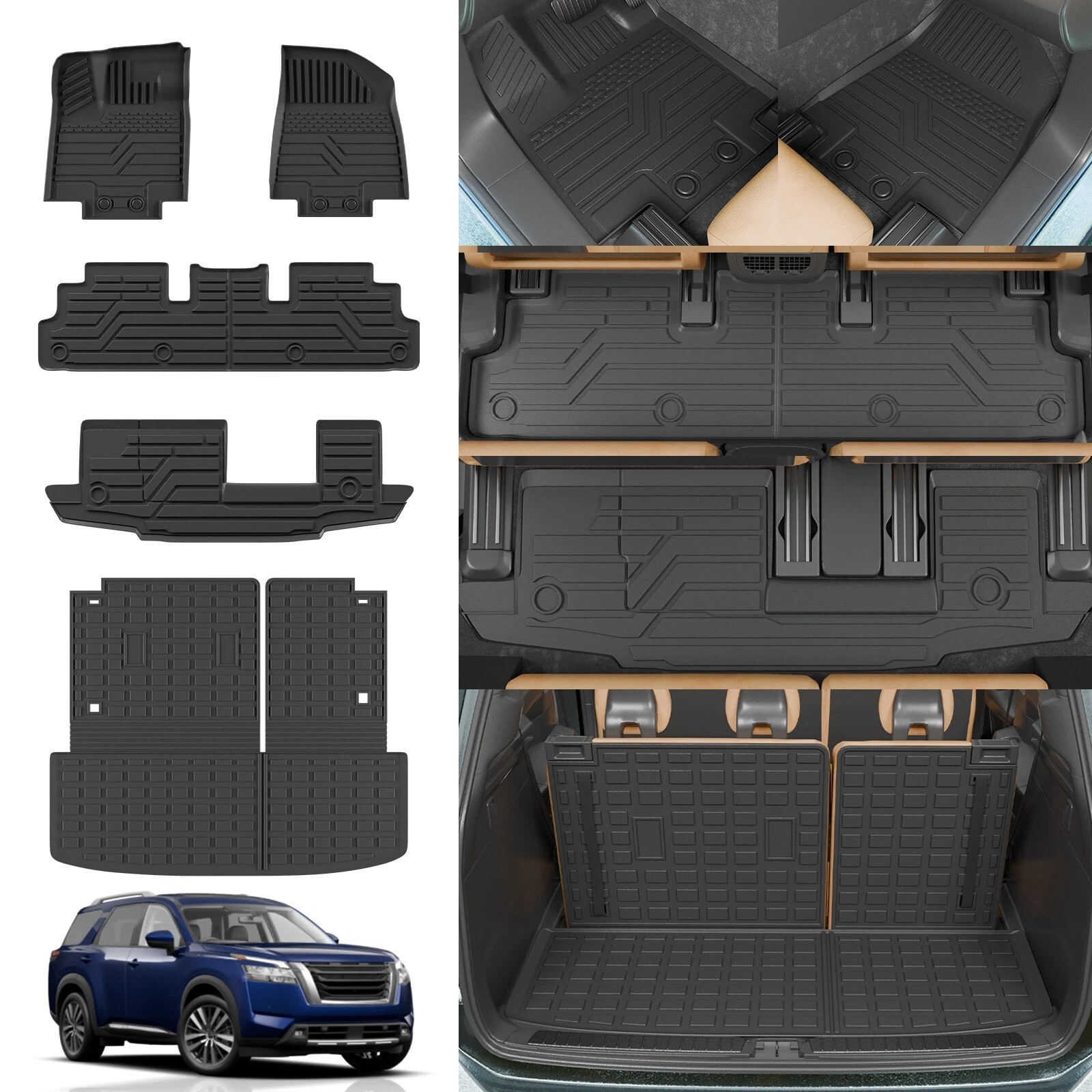 TPE All Weather Floor Mats Cargo Liner Fit 2022-2026 Nissan Pathfinder 7&8-Seat 