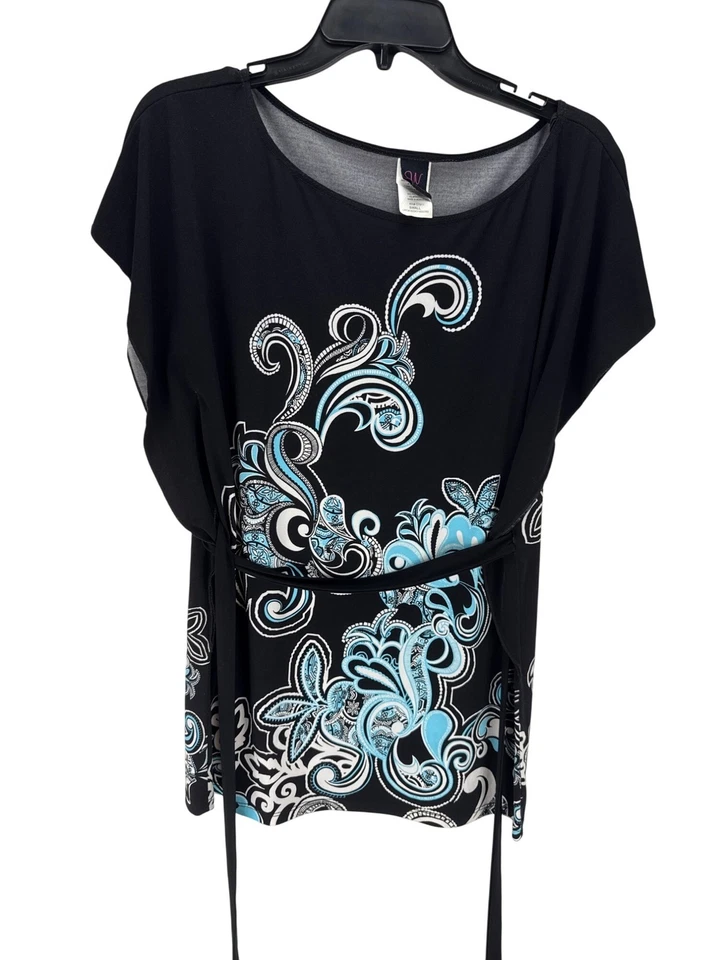 Wrapper Black Floral Tunic Top Size S Drawstring Hem Stretchy Casual Whimsygoth - Image 2 of 4