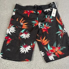 Volcom Board Shorts 30 Orange Black Red Floral Mod Tech Swim Trunks Bathing Suit