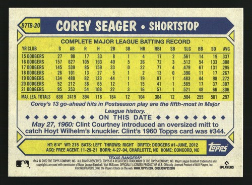 Corey Seager 2022 Topps #87TB-20 - Imagen 2 de 2