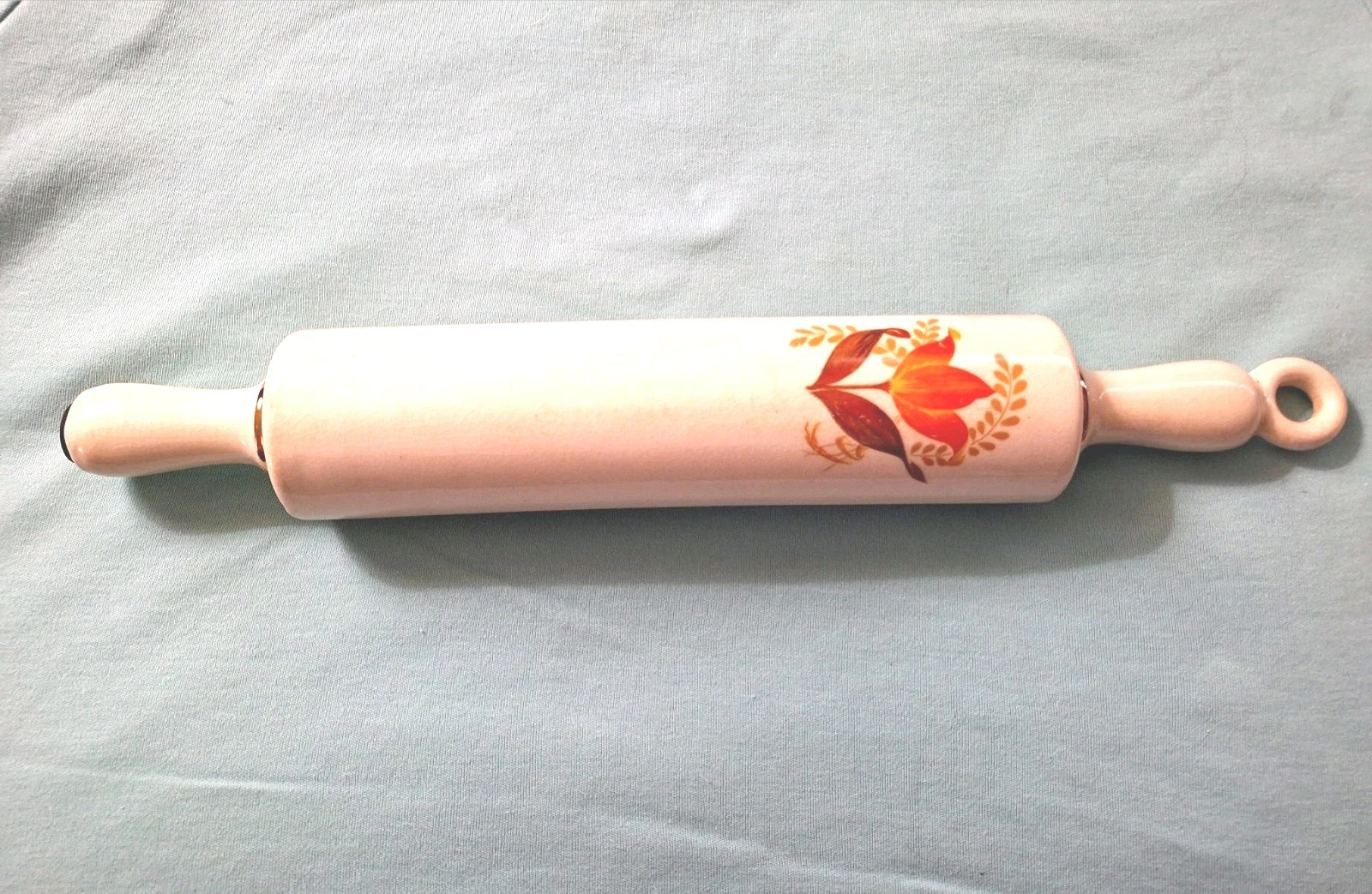 Harker Pottery Bakerite Rolling Pin Modern Tulip White Ceramic 15"