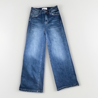 Risen Jeans Sz 3/26 Barrel Wide Leg Blue High Rise Crop Stretch Denim