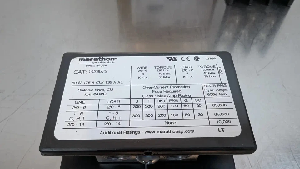 4 Pack Marathon 1423572 Terminal Block 3-POLE 2/0-14 600V 175A CU/135A AL - Image 3 of 4