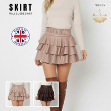 Womens Suede Mini Frill Skirt Short Rara Ruffle Skirt Ladies Summer Party Wear