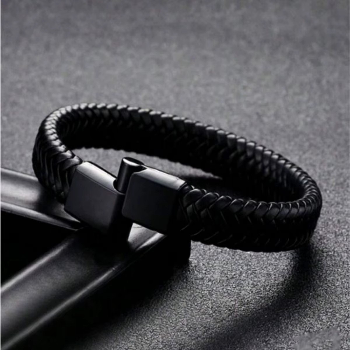 Braided Leather Bracelet For Men Stainless Steel Black Magnetic Clasp Bangle USA