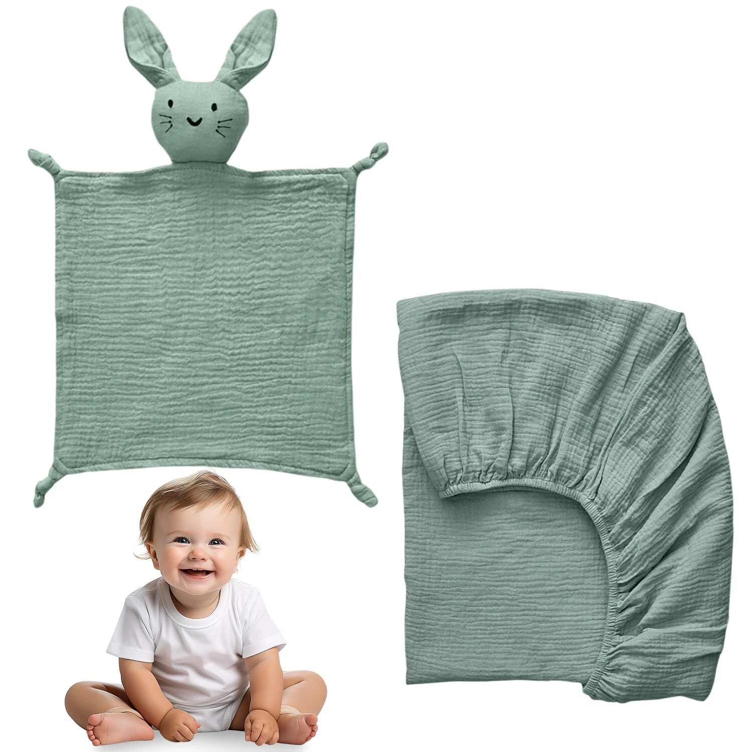 Muslin Crib Bedding Set (Crib Sheet 28"×52"Security Blanket 11"×11")100% Cotton