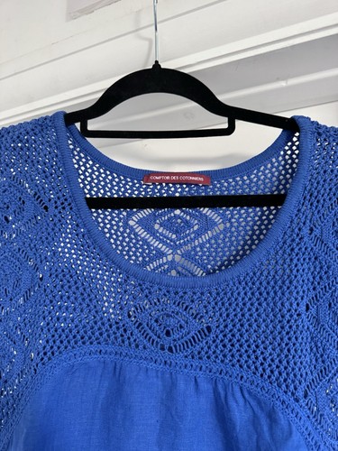 Comptoir Des Cotonniers Size M 100% Cotton Blue Short Sleeve Crochet Dress Frock - Picture 8 of 17