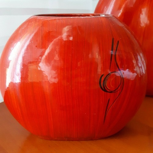 Vasen Set 2x Vase rund flach Deko rot feuerrot Höhe 18,5 cm und 13 cm - Bild 3 von 5