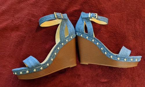 Jessica Simpson Jaylow Blue Denim Stud Ankle Strap Wedge Platform Sandals. 8M. - Picture 4 of 12
