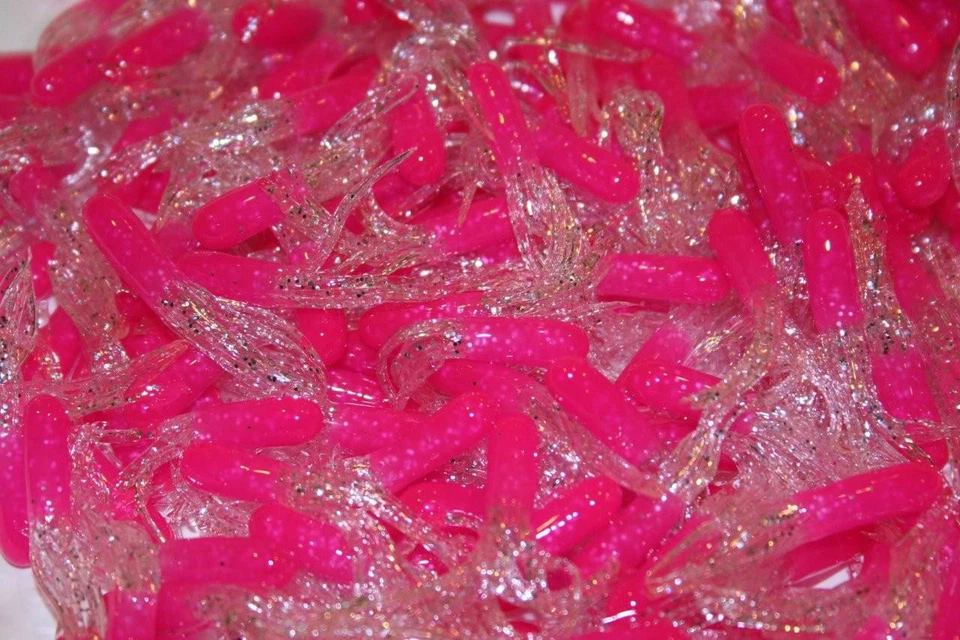 KILLER JIGS 40 pk 1.5" Pink / Clear Sparkle Crappie Fishing Tube Jig Skirts Perch Bluegill