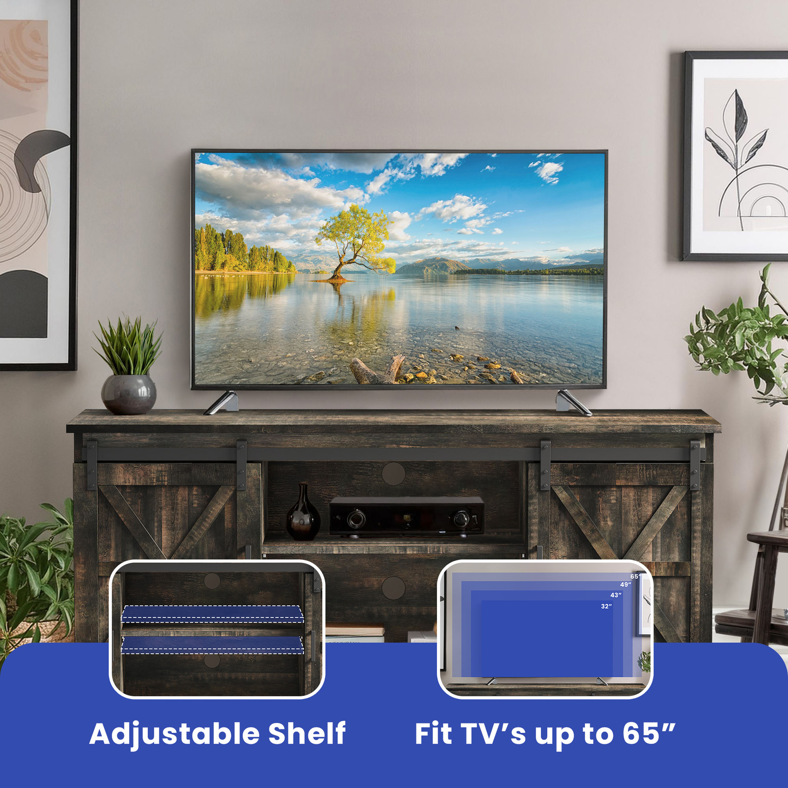 Rustic TV Stand Cabinet with Sliding Barn Doors for 65 Inch TVs Media Console