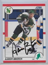 Hockey Card IP auto AARON BROTEN Minnesota North Stars 1990-91 Score black
