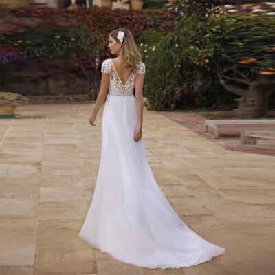 Elegant Simple A Line Wedding Dresses Appliques Lace Bride Gowns V Neck  Backless | eBay
