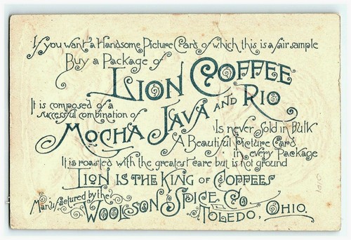 1890 Coffee Lion Trade Card Woolson Spice Victorian Sheep Dog Holding Tambourine - Picture 2 of 4