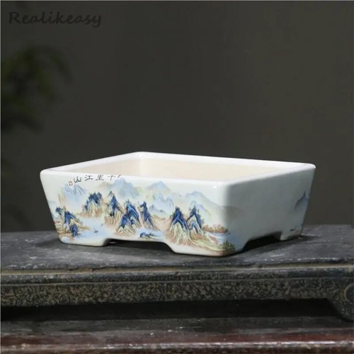 Chinese Rectangular Hand-Painted Succulent Flower Pot Ceramic Bonsai Pot - Picture 2 of 3