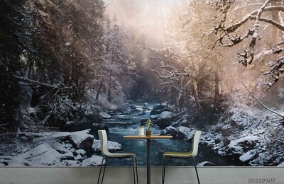 3D Forest Creek Snow Winter Landscape Wallpaper Wall Murals Removable Wallpaper