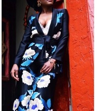 Zara Co Ord Set Printed Floral Kimono Blazer Sash Belt Trousers M Trinny Style