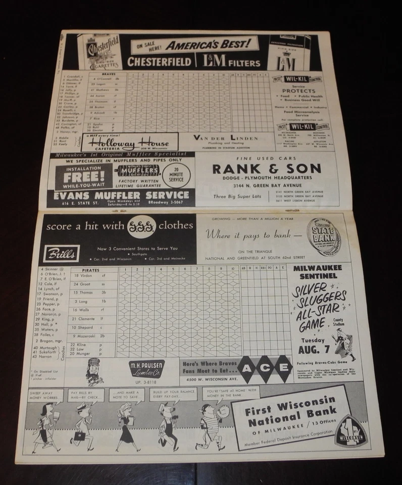 1956 Milwaukee Braves vs Pirates Baseball Scorecard Program Unscored 7/15 - Image 2 of 3