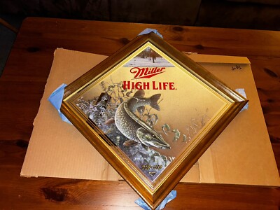 Vintage 1994 Miller High Life Beer Bar Mirror Sign Northern Pike Tip Up Zoellick