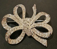 Large Rhinestone Ribbon Bow Brooch Pin Art Deco Style