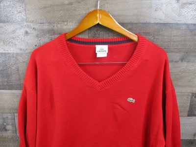 Lacoste Sweater Mens 2XL Red V Neck Pullover Cotton Knit Classic Croc Logo
