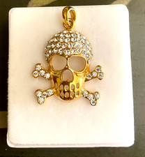 VTG Gold Skull Crossbones Crystal Pendant Got...