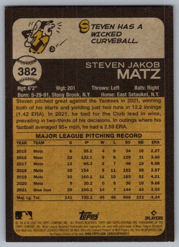 2022 Topps Heritage Steven Matz St. Louis Cardinals #382 - Picture 2 of 2