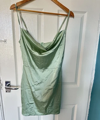 Parisian Petite Green Satin Cowl Neck Strappy Slip Mini Dress Size 12 - Image 1 of 4